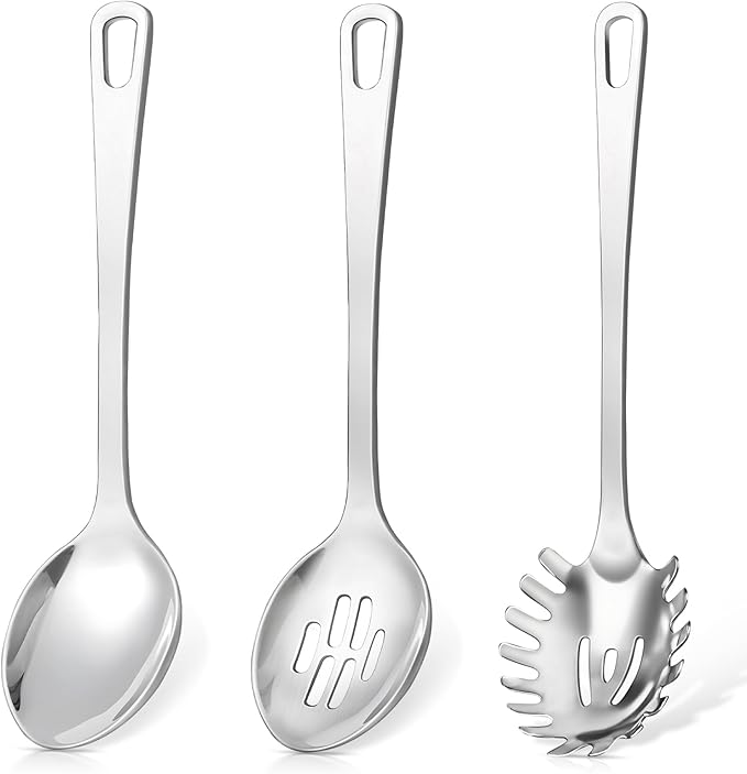 3 Pcs Stainless Steel Cooking Utensils Set, Heat Resistant Kitchen Utensils, Metal Kitchen Tools Include Solid & Slotted Spoon, Pasta Server, Ergonomic Handle, Dishwasher Safe, Easy to Clean, Silver by Unknown