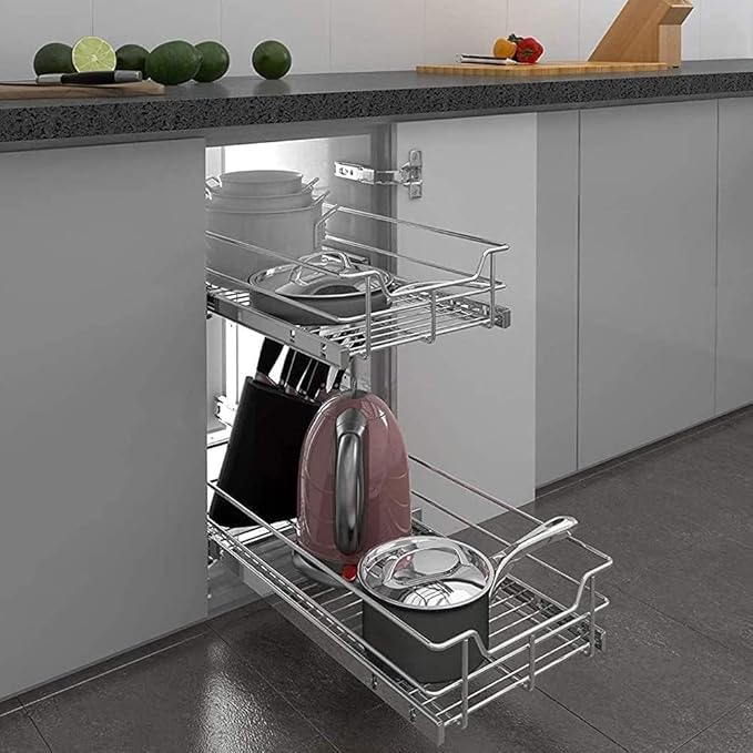 2 Tier Pull Out Cabinet Organizer 14" W X 22" D, Slide Out Drawers For Kitchen Cabinets, Pull Out Drawers For Cabinets Capacity Heavy Duty Caddy, Cabinet Pullout Shelves Chrome-Plated,Bathroom Pantry - Image 9