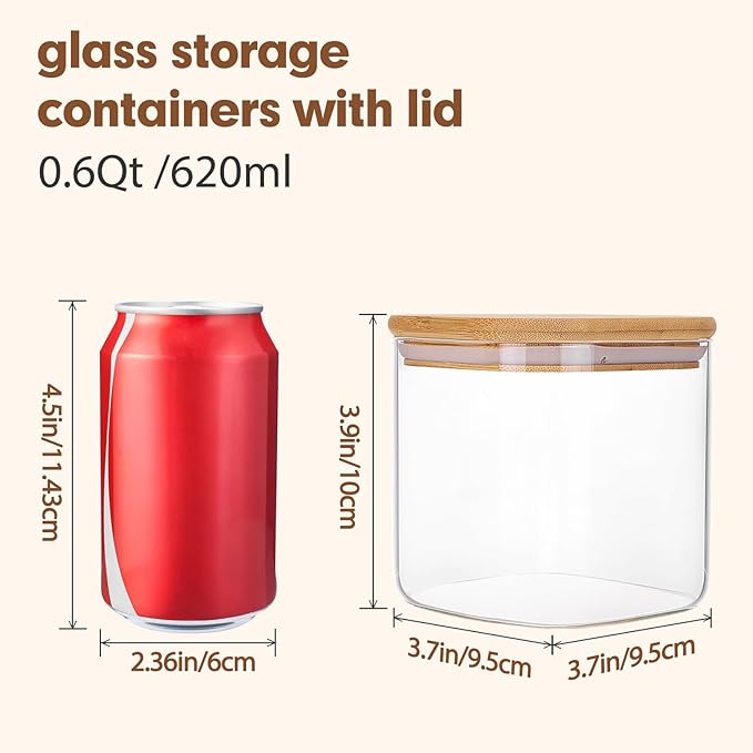 Moretoes 6 Pack 0.6qt Square Glass Storage Containers with Bamboo Press Lids, Airtight Food Storage Jars for Pantry, Spices, Dry Goods