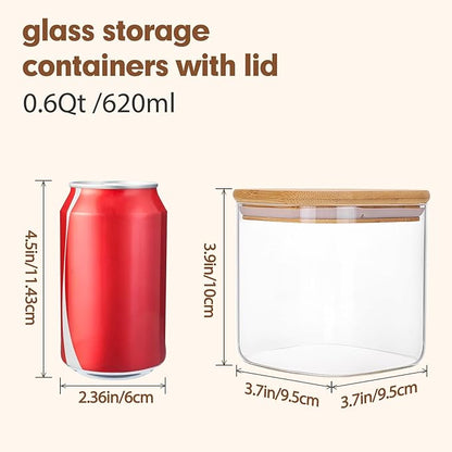 Moretoes 6 Pack 0.6qt Square Glass Storage Containers with Bamboo Press Lids, Airtight Food Storage Jars for Pantry, Spices, Dry Goods