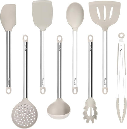 8 Pieces Kitchen Utensils Set, Vayvnt Silicone Cooking Utensils Set for Non-Stick Cookware, Stainless Steel Handle, Heat Resistant Kitchen Gadgets Includes Large Spatula Tongs, Dishwasher Safe, Khaki