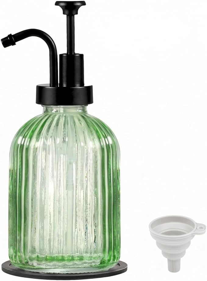 SheeChung Green Glass Soap Dispenser, 12 Oz Liquid Hand Soap Dispenser with Pump, Refillable Lotion Dish Soap Dispenser for Kitchen, Stripes Shampoo Bottle, Bathroom Countertop (Black Pump, 1 Pack)