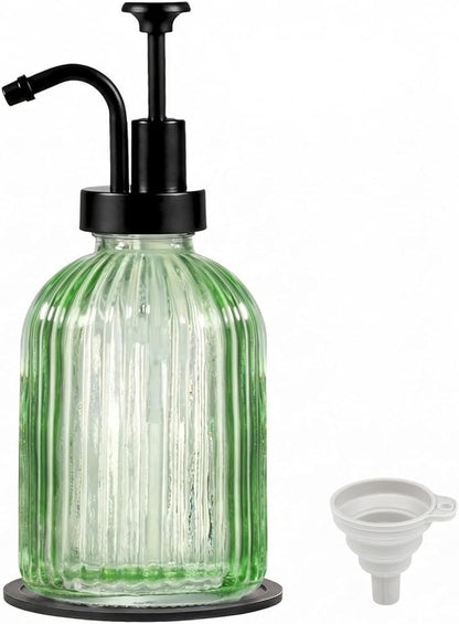 SheeChung Green Glass Soap Dispenser, 12 Oz Liquid Hand Soap Dispenser with Pump, Refillable Lotion Dish Soap Dispenser for Kitchen, Stripes Shampoo Bottle, Bathroom Countertop (Black Pump, 1 Pack)