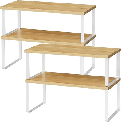 OGEMXU Cabinet Shelf Organizers, 15.7 inches Large Kitchen Counter Shelf, Set of 4 Wood Kitchen Pantry Organizer, Storage Shelves for Countertop, Spice Rack, Stackable, Expandable, Metal White, Nature by OGEMXU