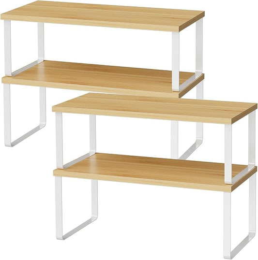 OGEMXU Cabinet Shelf Organizers, 15.7 inches Large Kitchen Counter Shelf, Set of 4 Wood Kitchen Pantry Organizer, Storage Shelves for Countertop, Spice Rack, Stackable, Expandable, Metal White, Nature by OGEMXU