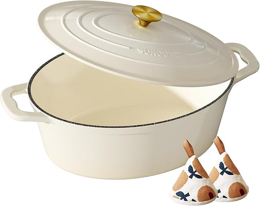 Enameled Cast Iron Dutch Oven - 9.3QT Dutch Oven Pot with Lid & Cotton Potholders - Heavy-Duty Non Stick Casserole Pot for Braising, Stews, Roasting, Baking, Suitable for All Stovetops, Cream White by SUNOUTLY
