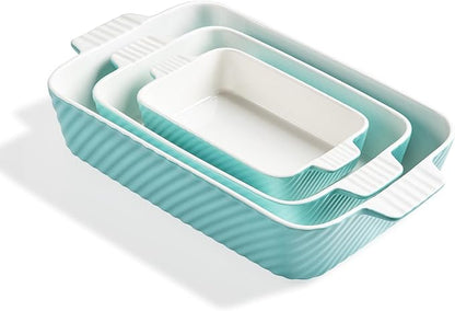 Sweejar Ceramic Baking Dish Set, Cake Baking Dish for Brownie, Porcelain Striped Casserole Dishes for Oven with Handle for Lasagna, Family Dinner(Turquoise) by Sweejarco1949