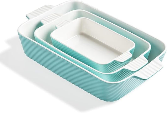 Sweejar Ceramic Baking Dish Set, Cake Baking Dish for Brownie, Porcelain Striped Casserole Dishes for Oven with Handle for Lasagna, Family Dinner(Turquoise) by Sweejarco1949