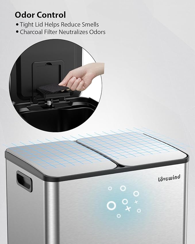Lovewind Kitchen Trash Can, 2 x 8 Gallon (2 x 30 L) Stainless Steel Trash and Recycle Bin Combo with Soft-Close Lid, Dual Compartment Recycling Kitchen Step Trash Bin, Silver - Image 8