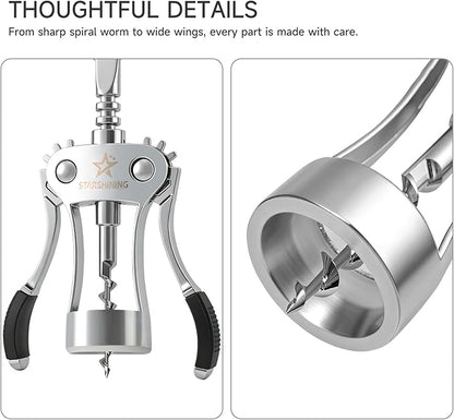 Wine Opener,Heavy-Duty Zinc Alloy Wing Corkscrew Manual Wine Bottle Opener with Sharp Spiral Screw for Sommeliers Wine Lovers,Polished Silver