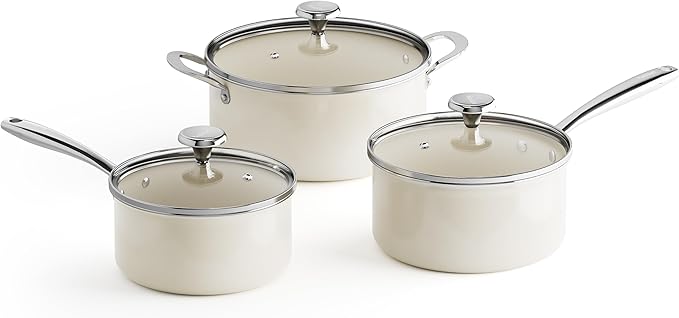 Redchef Cooking Pot Set Induction 5Qt, Saucepan Set 2.5/3.5Qt Nonstick Ceramic Cookware Set, Compatible All Cooktops, Even Heat, Stay-Cool Handles, Oven/Dishwasher Safe, PTFE PFAS Free (Beige) by Redchef