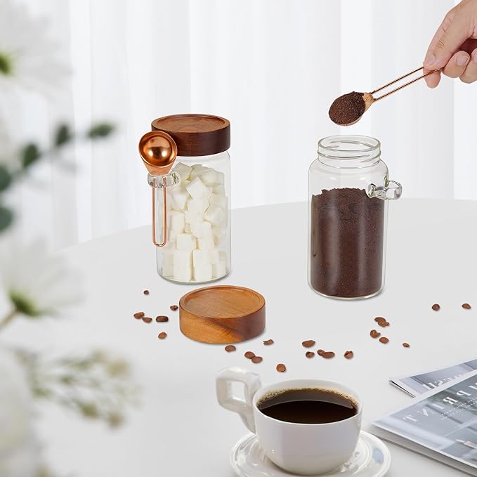 18oz Glass Coffee Jars with Scoop Wood Screw Lid Clear Round Spice Jar Herb Container Sugar Storage Bottle Canister for Seasoning Meal Prep Tea Coffee Ground Bean Salts (2×550ml(18oz)with spoon) - Image 5