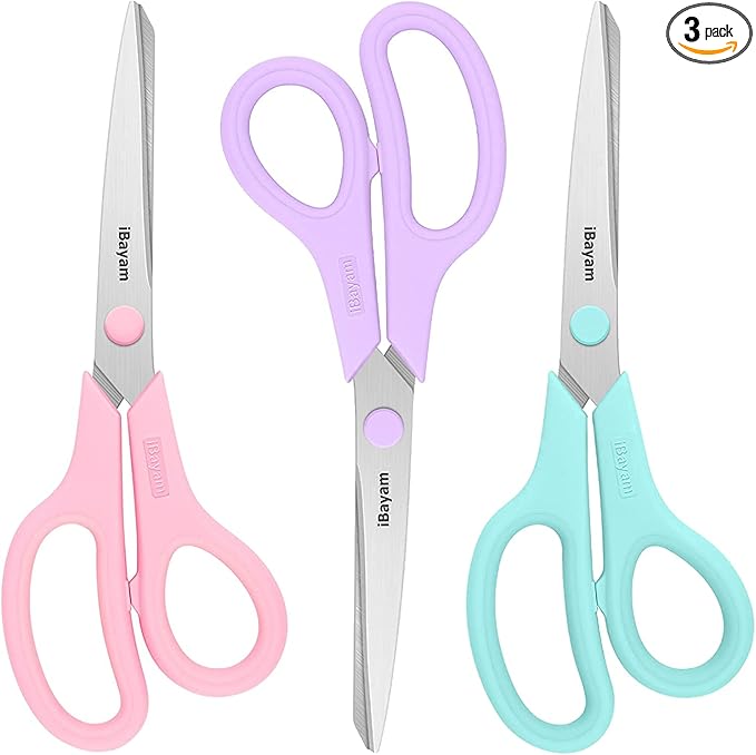 Scissors, iBayam 8" All Purpose Scissors Bulk 3-Pack, Ultra Sharp 2.5mm Thick Blade Shears Comfort-Grip for Aesthetic Fun Cute School Office Teacher Desk Crafts and Art Supplies Accessories Essential by iBayamDirect