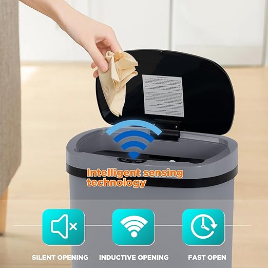 BestOffice | 13 Gallon Plastic Trash Can with Lid | Gray | Automatic Touchless Garbage Can | Odor Control | Modern Oval Design | Easy to Clean | Fits Any Kitchen, Bathroom, Office or Home - Image 2