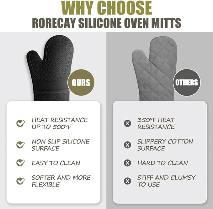Rorecay 6pcs Oven Mitts and Pot Holders Sets Heat Resistant 500 Degrees, Extra Long and Non-Slip Silicone Oven Gloves Potholders Hot Pads for Kitchen Baking Cooking, Quilted Liner, Black - Image 6