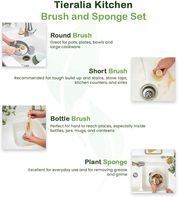 Tieralia Bamboo Dish Brush Gift Set – 5-Piece Kitchen Cleaning Set with Bottle Brush, Round Scrub Brush, Palm Brush & 2 Plant-Based Sponges | Wooden Handle Cleaning Tools for Dishes & Surfaces - Image 6