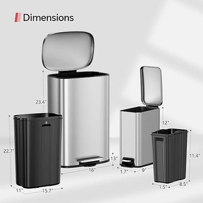 13 Gallon Trash Can (50L) and 1.6 Gallon (6L) Kitchen Trash Can Combo Set, Stainless Steel Garbage Can with Lid and Step-on Pedal, Soft Close Waste Bin with Inner Bucket for Home & Office - Image 6