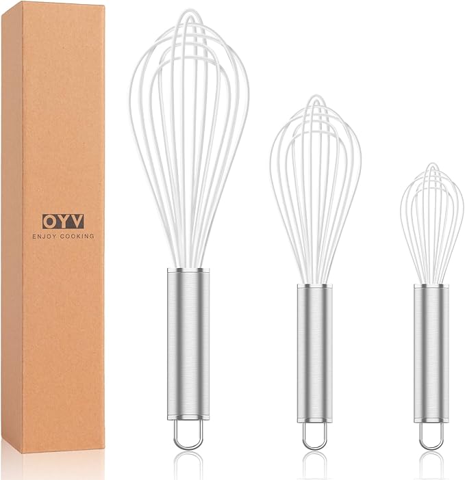 OYV White Silicone Whisk, Professional Whisks For Cooking Non-Scratch, Stainless Steel & Silicone Wisk, Plastic Rubber Whisk Tool For Nonstick Cookware Pans, BPA free, Silicon Wisks Set of 3 by OYV