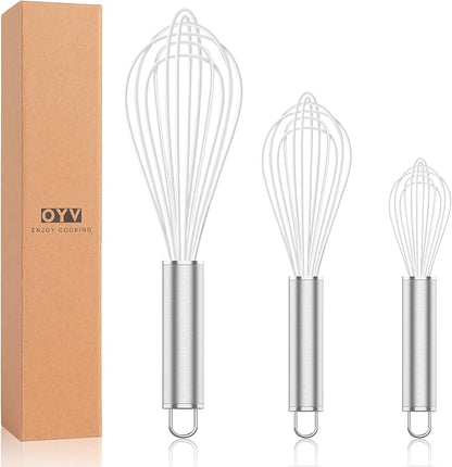OYV White Silicone Whisk, Professional Whisks For Cooking Non-Scratch, Stainless Steel & Silicone Wisk, Plastic Rubber Whisk Tool For Nonstick Cookware Pans, BPA free, Silicon Wisks Set of 3 by OYV