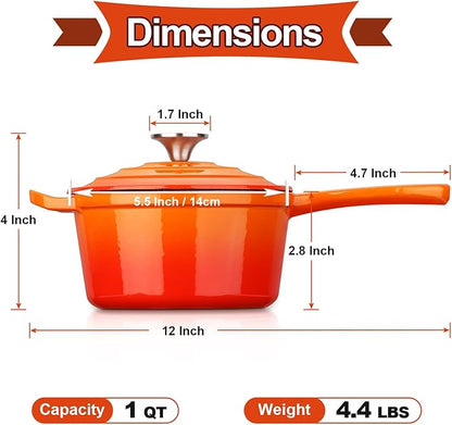 HaSteeL 1 QT Cast Iron Saucepan, Mini Enamel dutch oven with lid, Small Non Stick Pan for Milk, Pasta Tomato Sauce, Butter, Breakfast, Soup, Suitable for Boiling Stewing Frying, Easy to Clean, Orange