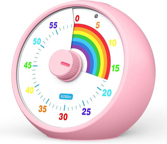 Visual Timer for Kids, 60-Minute Countdown Timer for Classroom Office Kitchen, Desk Timer Kids Time Management Tools with Silent Operation, Pomodoro Time Rainbow Pattern (Pink)