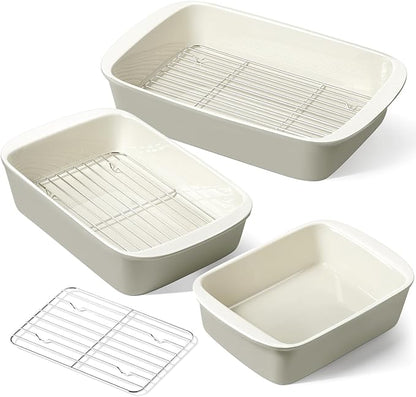 LE TAUCI Deep Casserole Dishes for Oven, 13.7”x9.6” Ceramic Baking Dish Set with Roasting Racks, Large Lasagna Pans with Handles, Rectangular Bakeware as Gift for Mom, Oatmeal Greige (4.6QT/3.0QT/1.6QT), Set of 3 by LETAUCI