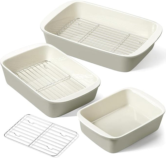 LE TAUCI Deep Casserole Dishes for Oven, 13.7”x9.6” Ceramic Baking Dish Set with Roasting Racks, Large Lasagna Pans with Handles, Rectangular Bakeware as Gift for Mom, Oatmeal Greige (4.6QT/3.0QT/1.6QT), Set of 3 by LETAUCI