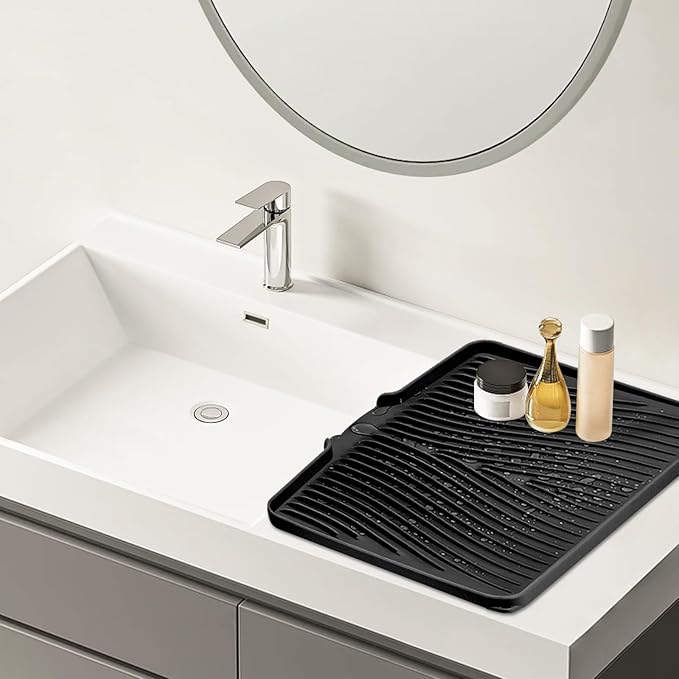 TIKNIK Silicone Dish Drying Mat, Stone Drying Mat for Kitchen Counter with Built-In Drain, Non-Slip Drain Pad with Built-in Drain, Heat Resistant Stone Drying Mat, Hangable, Black-2pcs, 20" x 15" - Image 6