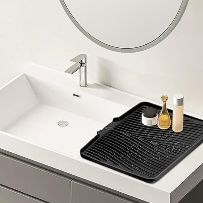TIKNIK Silicone Dish Drying Mat, Stone Drying Mat for Kitchen Counter with Built-In Drain, Non-Slip Drain Pad with Built-in Drain, Heat Resistant Stone Drying Mat, Hangable, Black-2pcs, 20" x 15" - Image 6