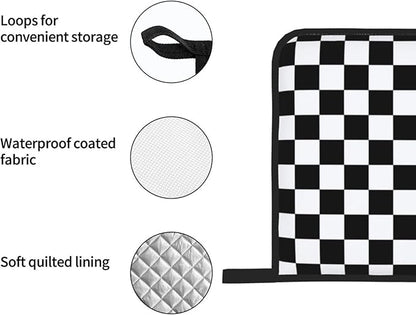 Checkered Black and White Plaid Oven Mitts and Pot Holders Set of 4,Heat Resistant Non-Slip Potholders Oven Gloves and Pad for Kitchen Cooking Baking Grilling BBQ