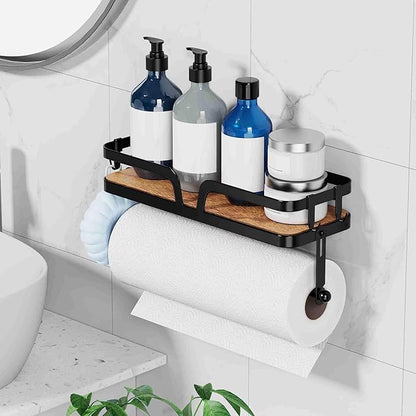 Taozun Paper Towel Holder Wall Mount, Kitchen Paper Holder Spice Rack Black Paper Towel Roll Holder RV Paper Towel Rack with 4 Hooks(2 Installation Methods - Self-Adhesive and Drilling)