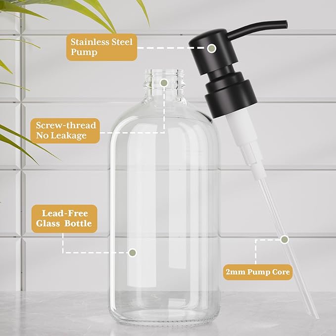 AmazerBath Soap Dispenser, 2 Pack Glass Soap Dispenser with Stainless Steel Pump, 17 Oz Bathroom Hand Soap Dispensers Bottle for Bathroom & Kitchen, Clear & Black - Image 2