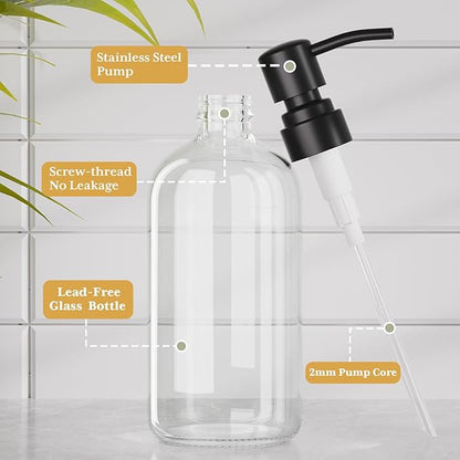AmazerBath Soap Dispenser, 2 Pack Glass Soap Dispenser with Stainless Steel Pump, 17 Oz Bathroom Hand Soap Dispensers Bottle for Bathroom & Kitchen, Clear & Black - Image 2