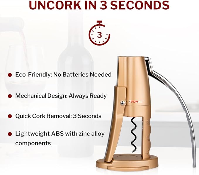 Forge Quality Compact Vertical Lever Corkscrew Wine Opener with Foil Cutter. 3 Seconds to Open a Bottle of Wine. Champagne Gold.