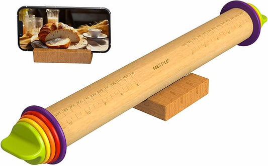 Rolling Pin with Thickness Rings for Baking,Fondant, Pizza, Pie Crust, Cookie, Pastry, Roller Rod for Dough Thickness, 13.6" Adjustable Wood Rolling Pin with 4 Thickness Rings and Wooden Stand by MeppleMakeYourLifeSimple