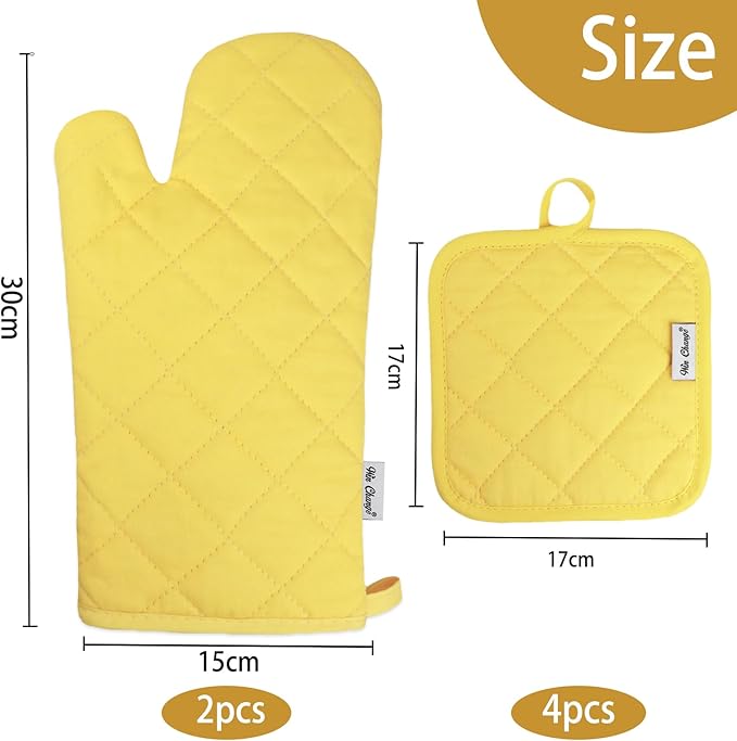 Oven Mitts and Pot Holders Sets,6 Pcs Oven Mitts and Potholders with Recycled Cotton High Heat Resistant Extra Thick Long Oven Mitts for Cooking(Yellow) - Image 3