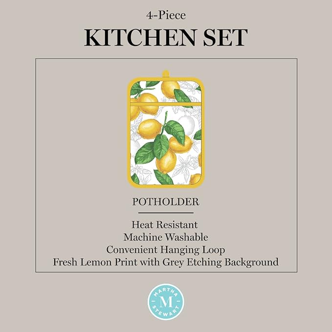 Martha Stewart Lots of Lemons Modern Kitchen Towel, Oven Mitt & Potholder Set, 4-Pack, White-Yellow - Image 6