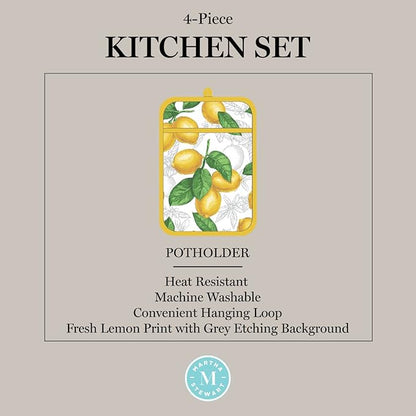 Martha Stewart Lots of Lemons Modern Kitchen Towel, Oven Mitt & Potholder Set, 4-Pack, White-Yellow - Image 6