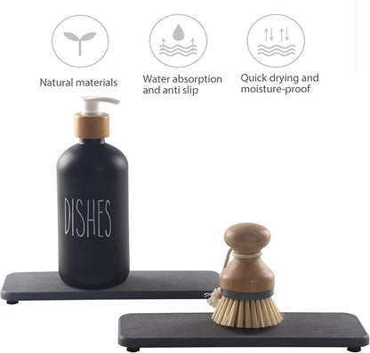 NiuYichee 2 Pcs Water Absorbing Stone Trays, Kitchen/Bathroom Sink Soap Dish, Diatomite Tray Used for Hand Soap & Cosmetic Bottles in The Modern Home, 3.54" W x 9" L, Dark Gray