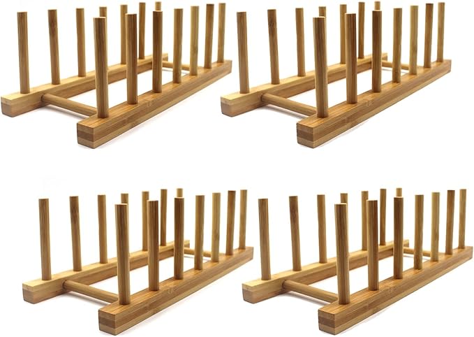 INNERNEED Bamboo Wooden Plate Racks Dish Stand Holder Kitchen Storage Cabinet Organizer for Dish/Plate/Bowl/Cup/Pot Lid/Cutting Board (Pack of 4) by INNERNEED