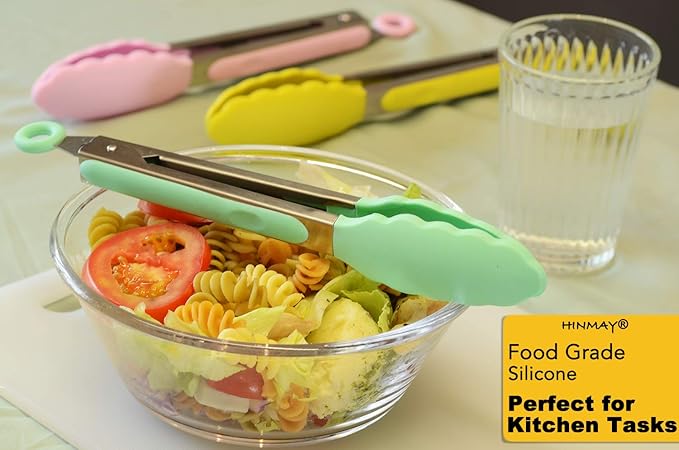 HINMAY Stainless Steel Kitchen Cooking Tongs with Silicone Tips 9-Inch Serving Tongs, Set of 3 (Mint Pink Yellow) - Image 6