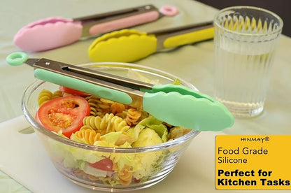 HINMAY Stainless Steel Kitchen Cooking Tongs with Silicone Tips 9-Inch Serving Tongs, Set of 3 (Mint Pink Yellow) - Image 6