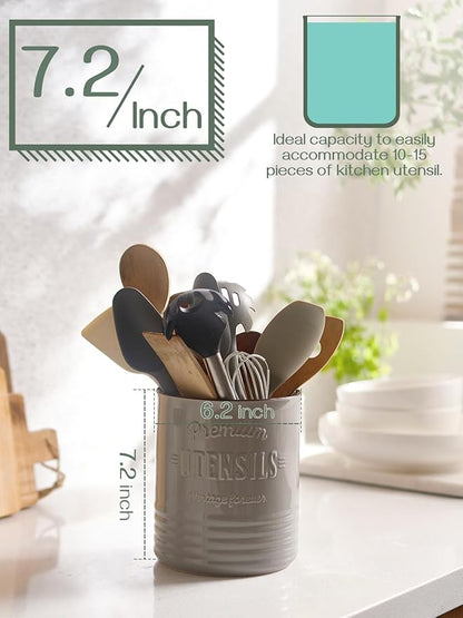 DOWAN 7.2″ Extra Large Kitchen Utensil Holder - Farmhouse Utensil Holder for Countertop - Ceramic Utensil Crock with Protection Cork Mat - Kitchen Decor & Housewarming Gift (Grey) - Image 5