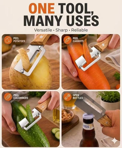 2-Pack Vegetable Peeler with Bottle Opener, Thickened Stainless Steel Wide Blade for Smooth Peeling, Wooden Handle Kitchen Peeler for Fruits & Vegetables