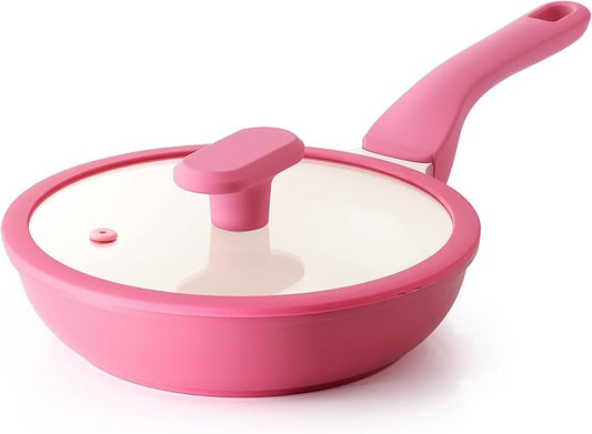 PRICUSIS Nonstick Ceramic Frying Pan with Lid, 8/10 Inch Skillet with Stay Cool Handle, Fully Coated, Induction Compatible, 100% Dishwasher Safe, PTFE PFAS and PFOA Free（8 Inch, Raspberry Red） by PRICUSIS