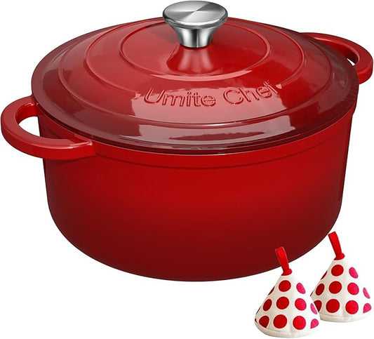 Enameled Cast Iron Dutch Oven - Umite Chef 5QT Pot with Lid & Cotton Potholders - Heavy-Duty Cookware for Bread Baking, Braising, Stews, Roasting(Red) by UmiteChef