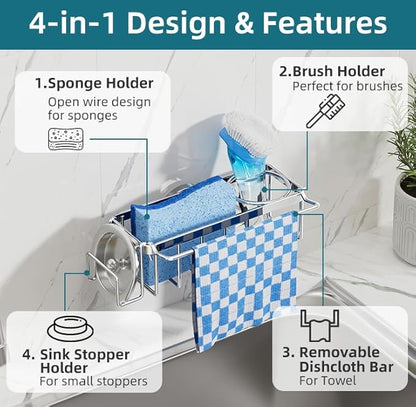 TAILI 4-in-1 Sink Caddy with Strong Suction Cup, Sponge Holder for Kitchen Sink Organizer, Removable, Rustproof, Stainless Steel Holder for Sponge, Brush, Scrubber, Scraper - Silver - Image 5