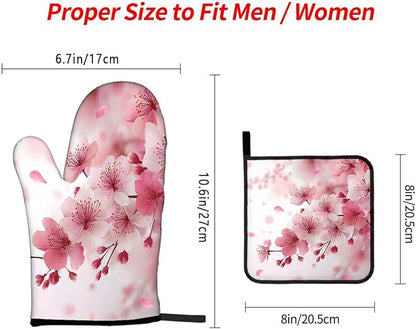 LOKMU Oven Mitts and Pot Holders Set of 3, Watercolor Pink Cherry Blossoms Flowers Heat Resistant Kitchen Gloves Hot Pads for Cooking Baking BBQ, Kitchen Decor Gifts for Cooking Lover Cooks