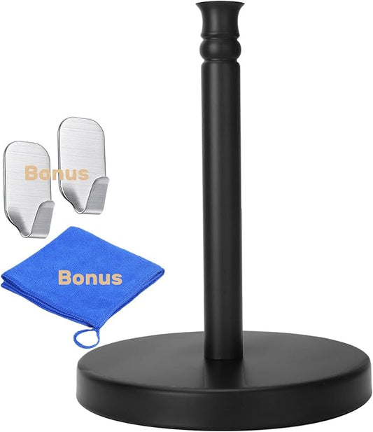 Black Paper Towel Holder Countertop, Stainless Steel Heavy Weighted Base (2LBS in Weight, and 6.7inch in Diameter), Ripping Paper Towel Off One-Handed, No Wobbly (Black Matte)