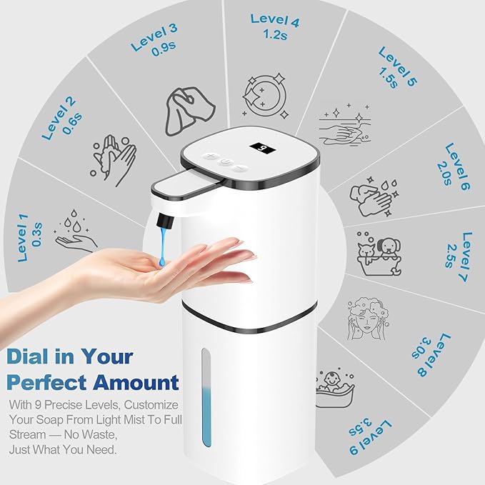 Automatic Liquid Soap Dispenser, 9 Adjustable Levels, 380ml/12.8oz, Touchless Hand Soap or Dish Soap Dispenser,IR Sensor & Display,Wall-Mount or Tabletop Use for Bathroom Kitchen